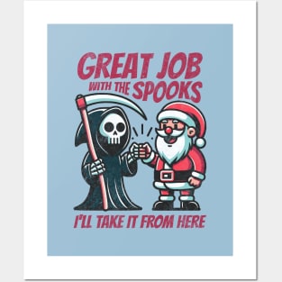 Grim Reaper Fist Bump with Santa Claus. From Halloween to Christmas Tis The Season Holiday Posters and Art